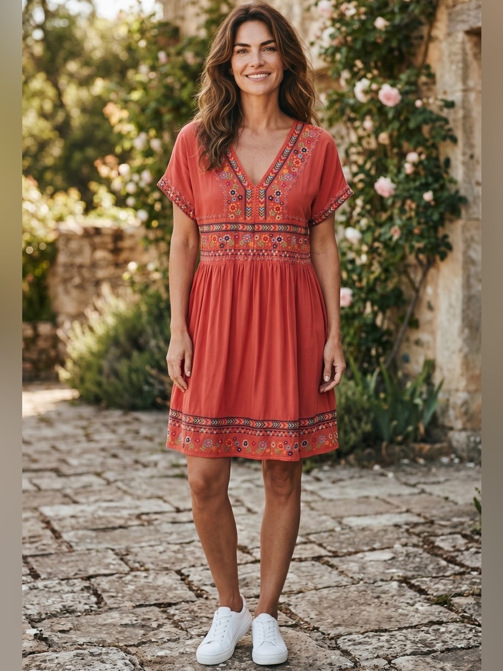 Savanna Jane Embroidered V-Neck Dress in Terra Cotta